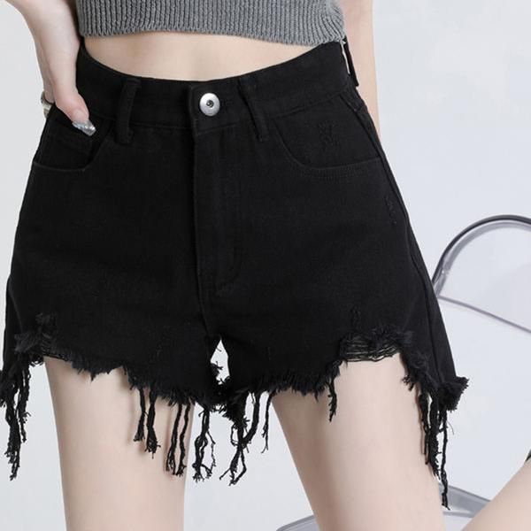 high waist black denim shorts, view 4 - MRSLM