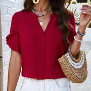casual v-neck ruffled top, view 5 - MRSLM
