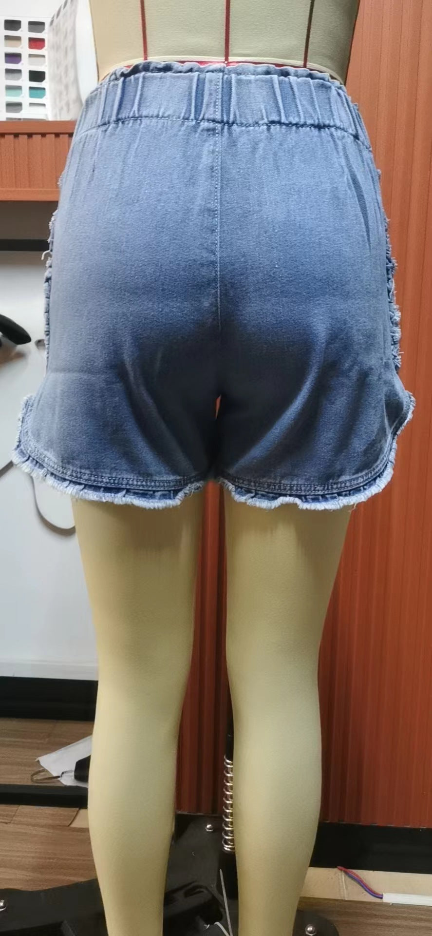 Frayed Lace Denim Elastic Waist Shorts