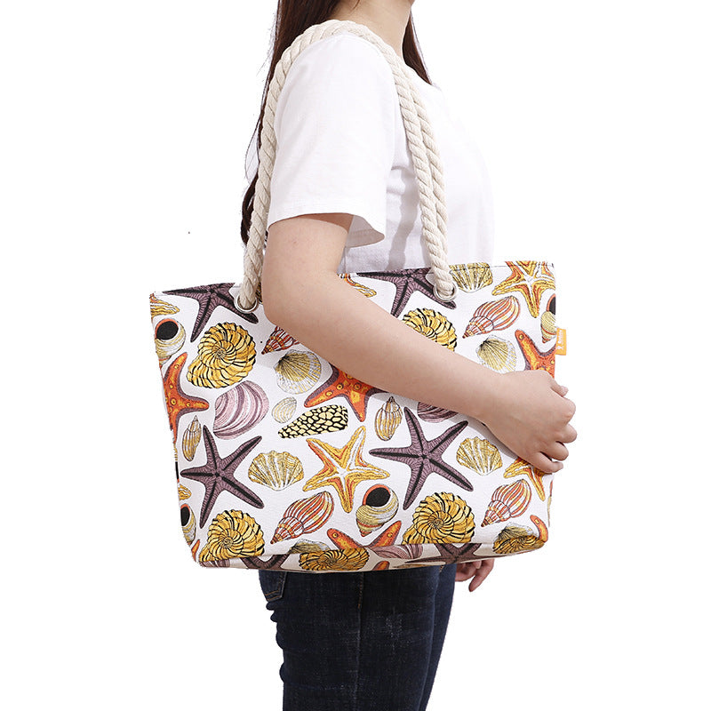 canvas beach tote bag with shell print, view 3 - MRSLM