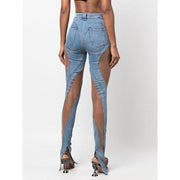 high waist mesh patchwork flare denim pants, view 4 - MRSLM
