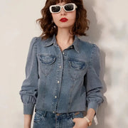 turn-down collar denim blouse - MRSLM