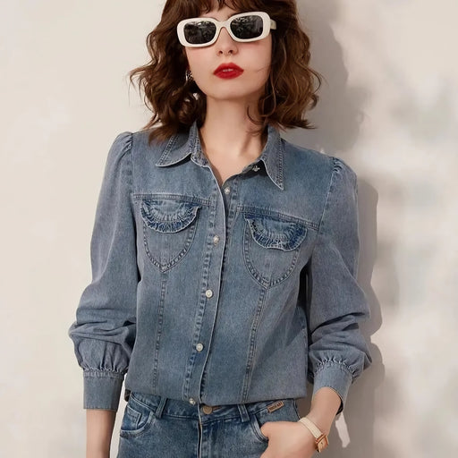 turn-down collar denim blouse - MRSLM