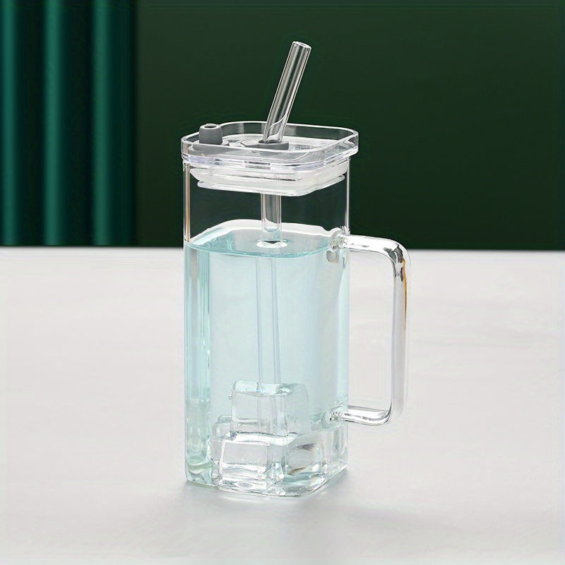 square glass cup with handle and straw, view 3 - MRSLM