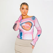 colorful mesh ruffle long sleeve t-shirt - MRSLM