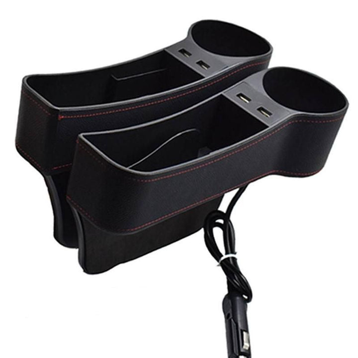 Leather Car Seat Gap Organizer with Dual USB Charging & Cup Holder