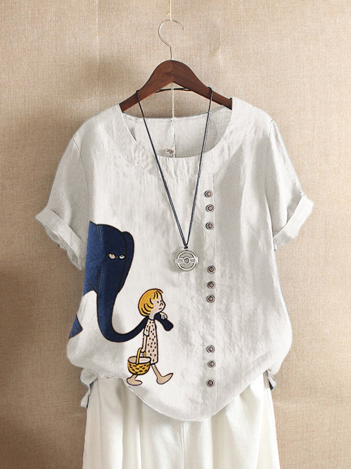 Women's Fashion Cartoon Printed Cotton And Linen Loose Casual Short-sleeved T-shirt