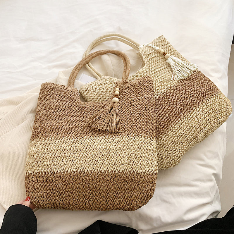boho woven paper rope tote bag with tassels - MRSLM