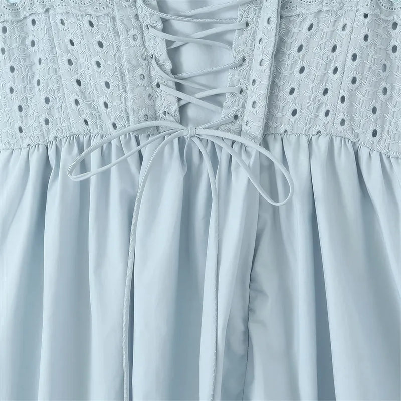 blue midi crochet dress, view 6 - MRSLM