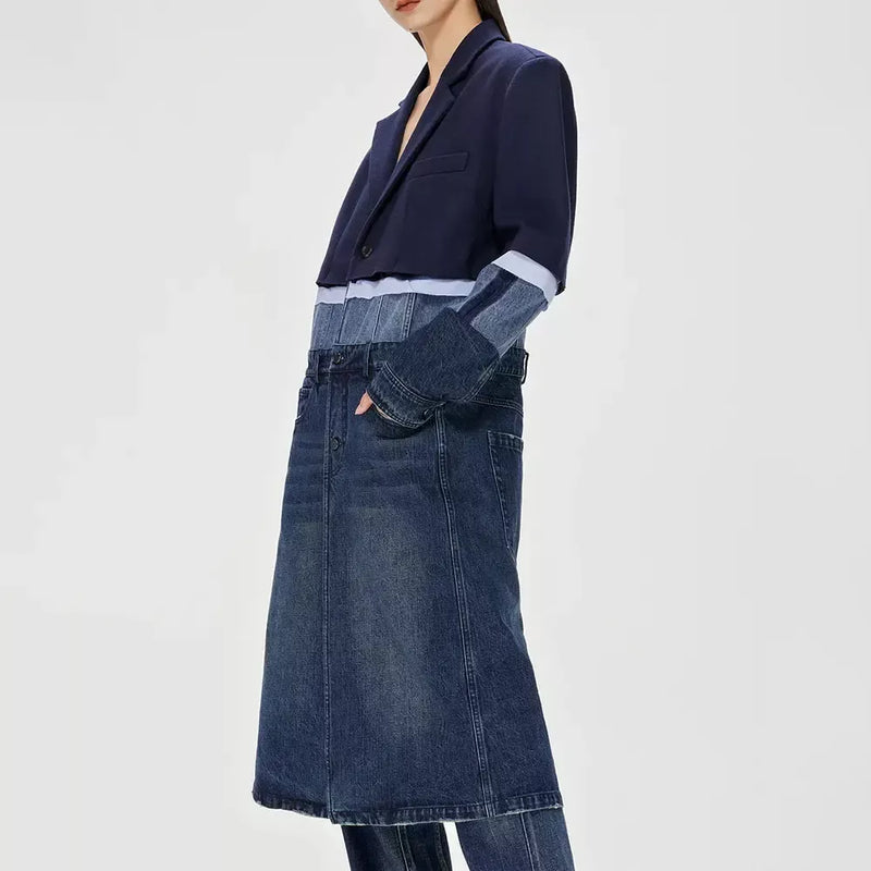 patchwork denim trench coat, view 3 - MRSLM
