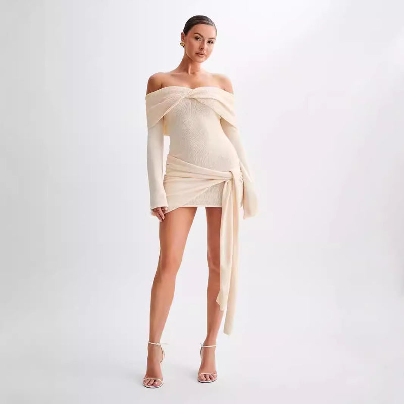 off-shoulder tied sweater dress, view 4 - MRSLM