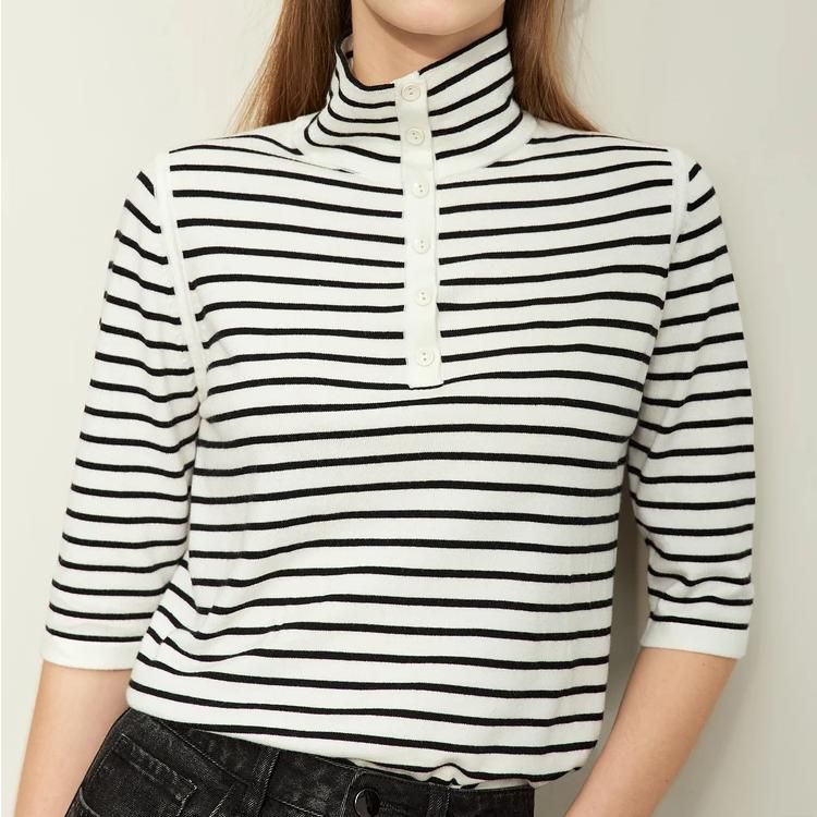 Striped wool blend mock neck sweater, view 7 - MRSLM