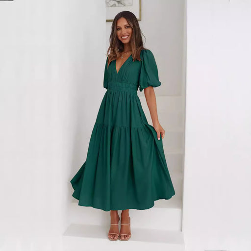 deep v puff sleeve women's dress - MRSLM