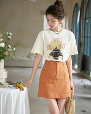 orange high-waist A-line skirt, view 3 - MRSLM
