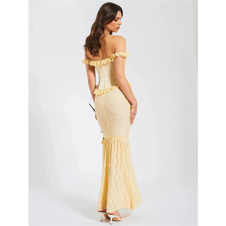 Yellow Satin Off-Shoulder Lace Corset Maxi Dress – Elegant Backless Bodycon Gown for Party