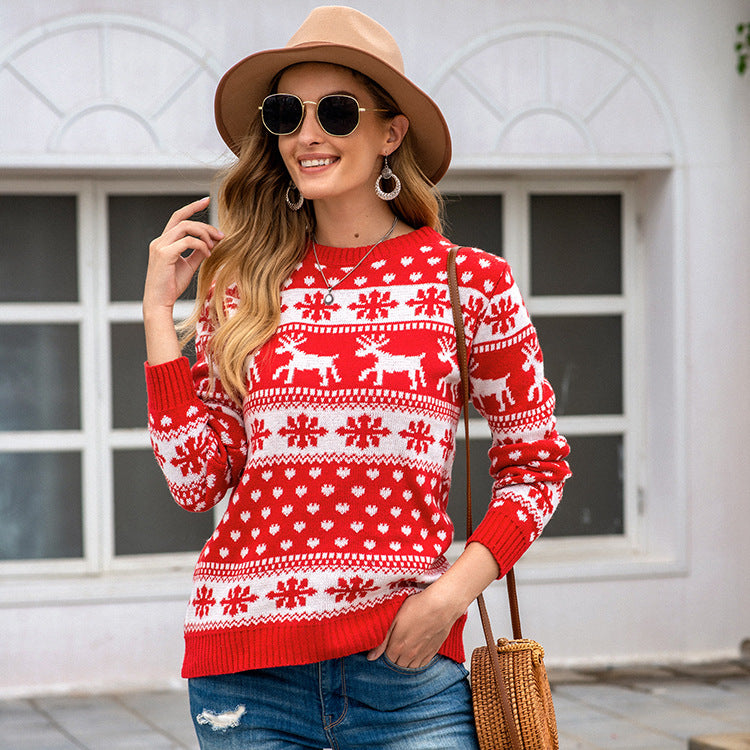 Women's Christmas reindeer snowflake knit sweater, view 9 - MRSLM