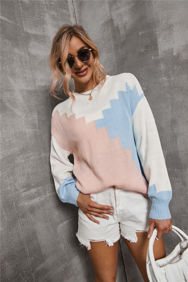 loose patchwork round neck sweater, view 5 - MRSLM
