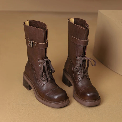 retro mid-calf buckle motorcycle boots for women - MRSLM