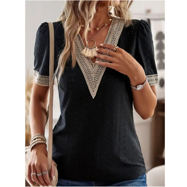 Women's V-neck Lace Loose Top Hollow Out Short Sleeve Shirt