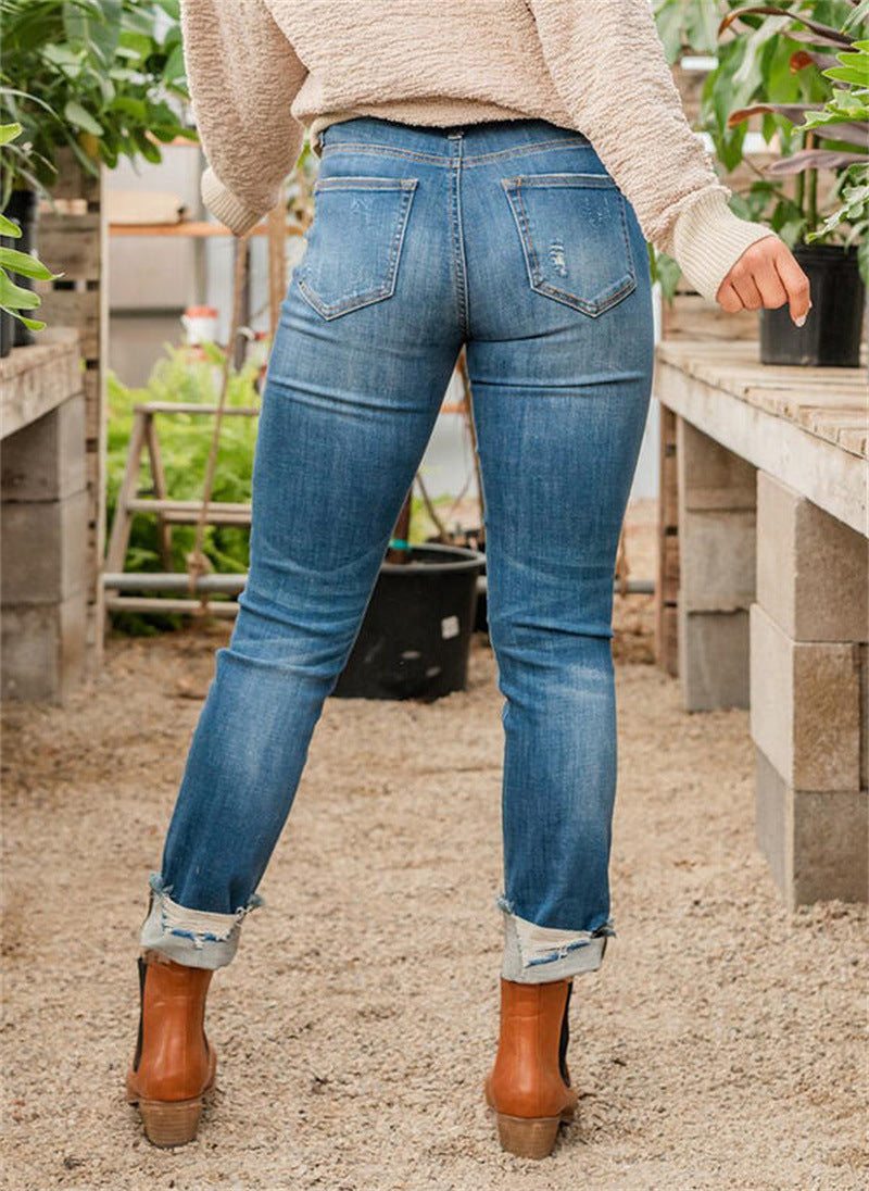 slim fit torn blue jeans for women, view 2 - MRSLM