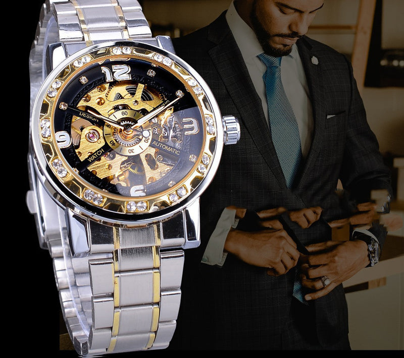 Men's hollow rhinestone mechanical watch, view 3 - MRSLM