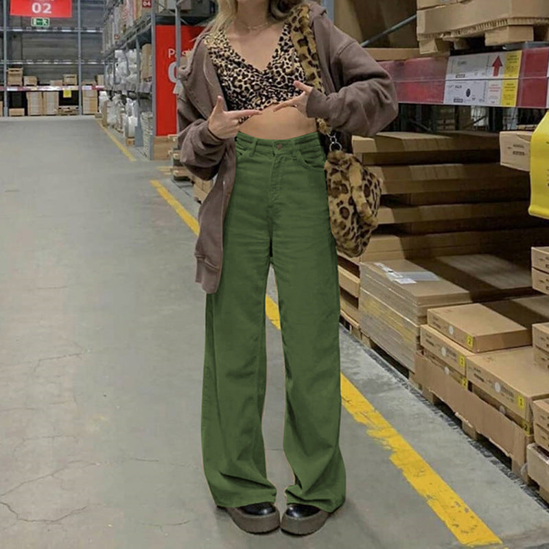Street High Waist Pocket Corduroy Solid Color Loose Straight Pants