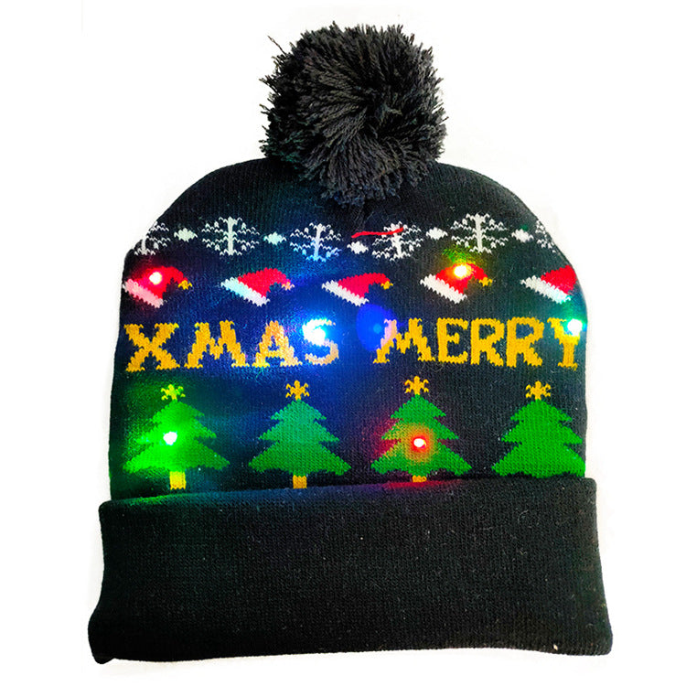 Light-up LED Christmas knit beanie with pom-pom, view 3 - MRSLM