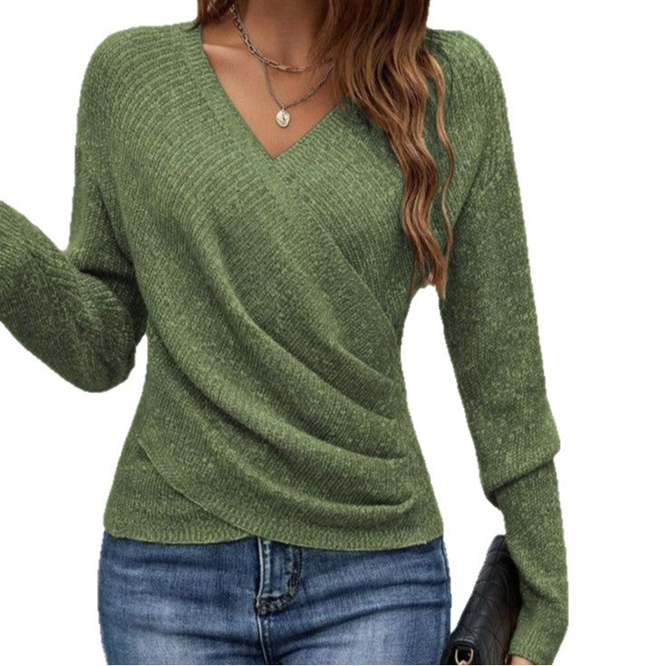 V-neck Long Sleeve Cross Solid Color Knitted Sweater