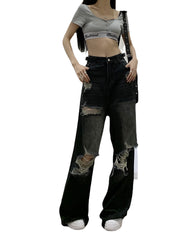 women's black ripped wide-leg jeans, view 2 - MRSLM