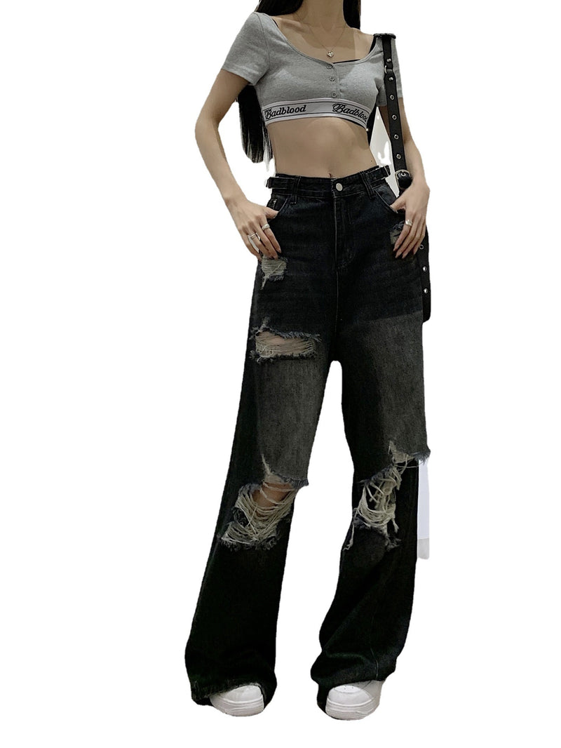 women's black ripped wide-leg jeans, view 2 - MRSLM