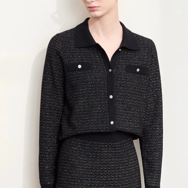 retro lapel woolen cardigan, view 3 - MRSLM