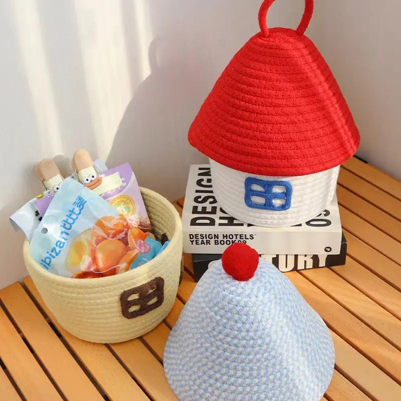 small round woven rope basket with lid, view 6 - MRSLM