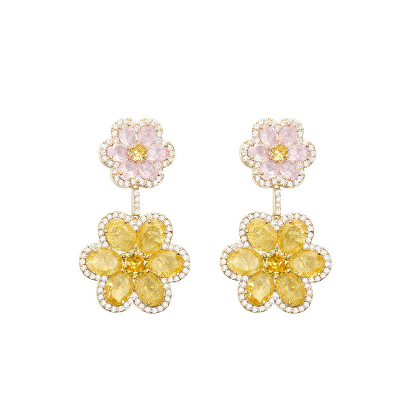 double flower gold plated earrings, view 3 - MRSLM