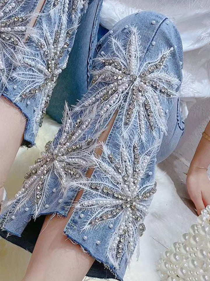 Women's Heavy Industry Beaded Diamond Slit Jeans