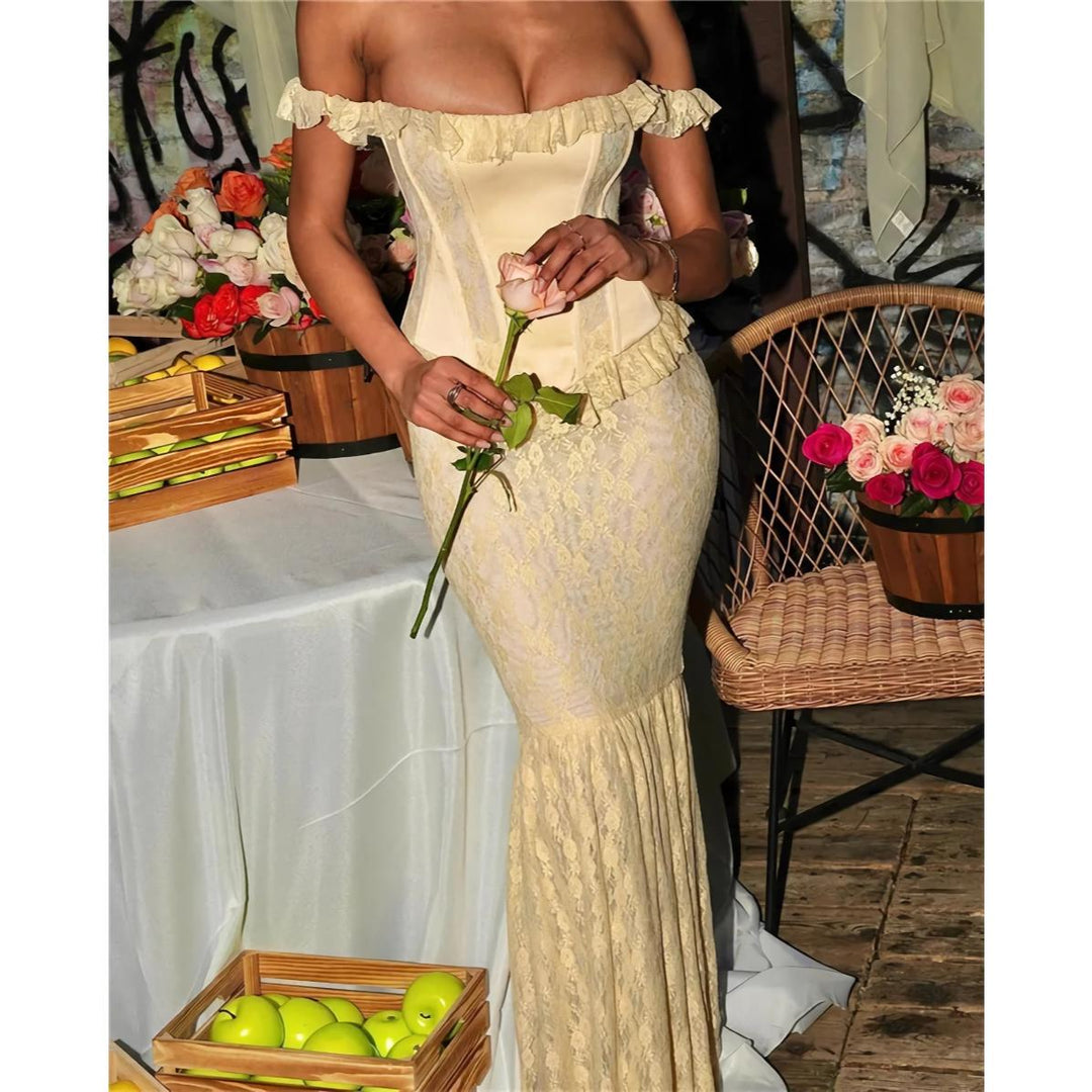 Yellow Satin Off-Shoulder Lace Corset Maxi Dress – Elegant Backless Bodycon Gown for Party