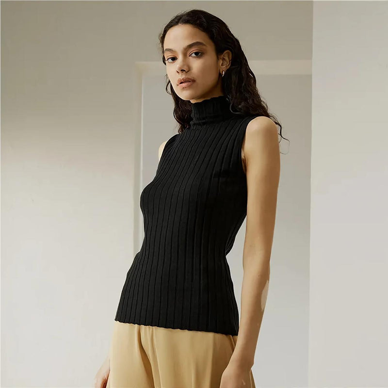 Silk-cashmere sleeveless mock neck tank top, view 9 - MRSLM