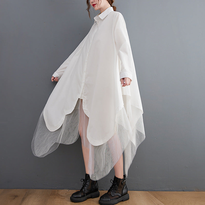 loose two-piece look swing mesh shirt dress, view 4 - MRSLM