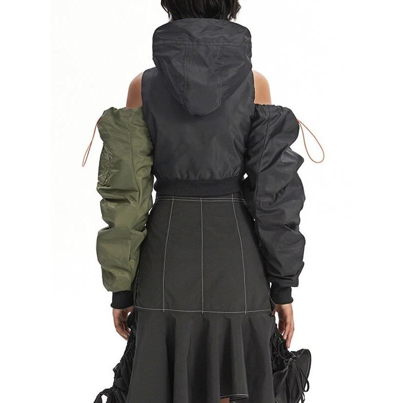 asymmetric hooded patchwork jacket, view 4 - MRSLM