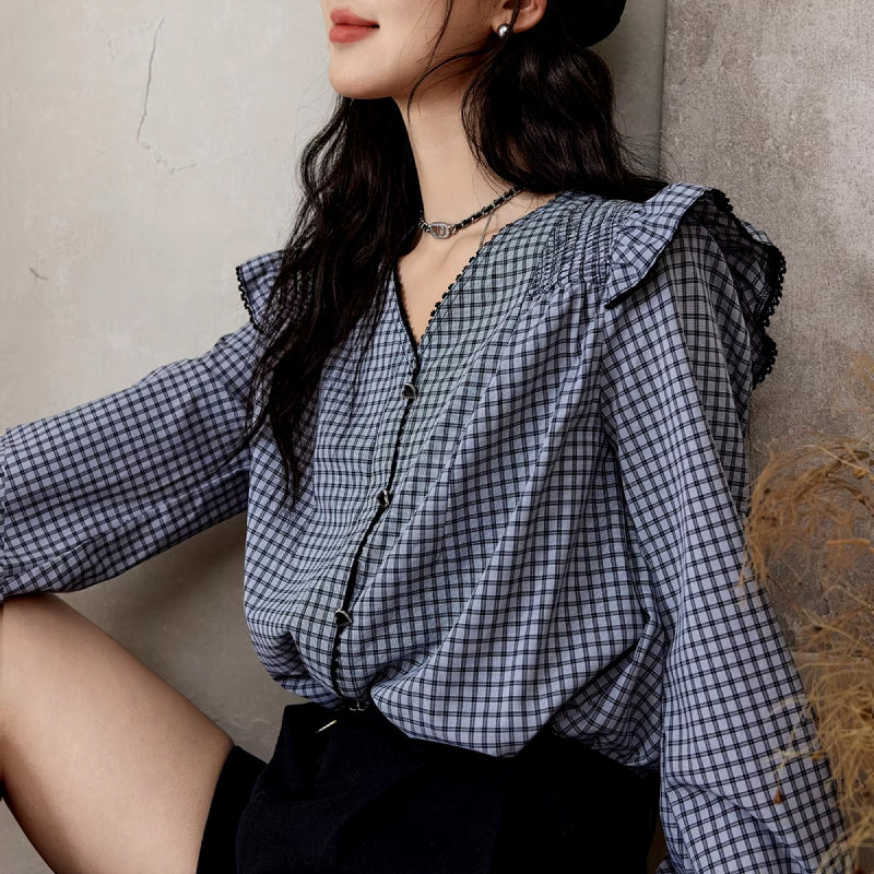 plaid ruffle sleeve v-neck blouse, view 2 - MRSLM