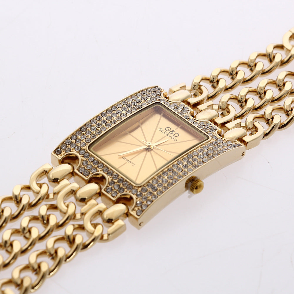 Women's Quartz Watch With Diamonds Three Links Gold And Rhinestones