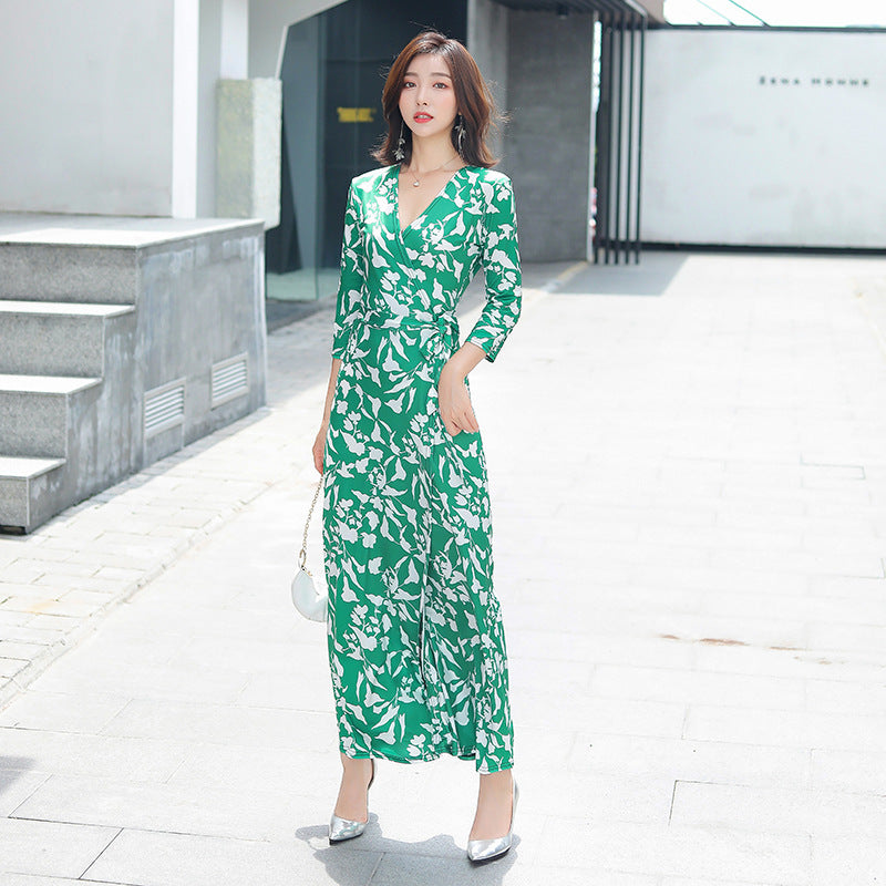 Lace-up Fashionable Long One-piece Wrap Vintage Floral Dress