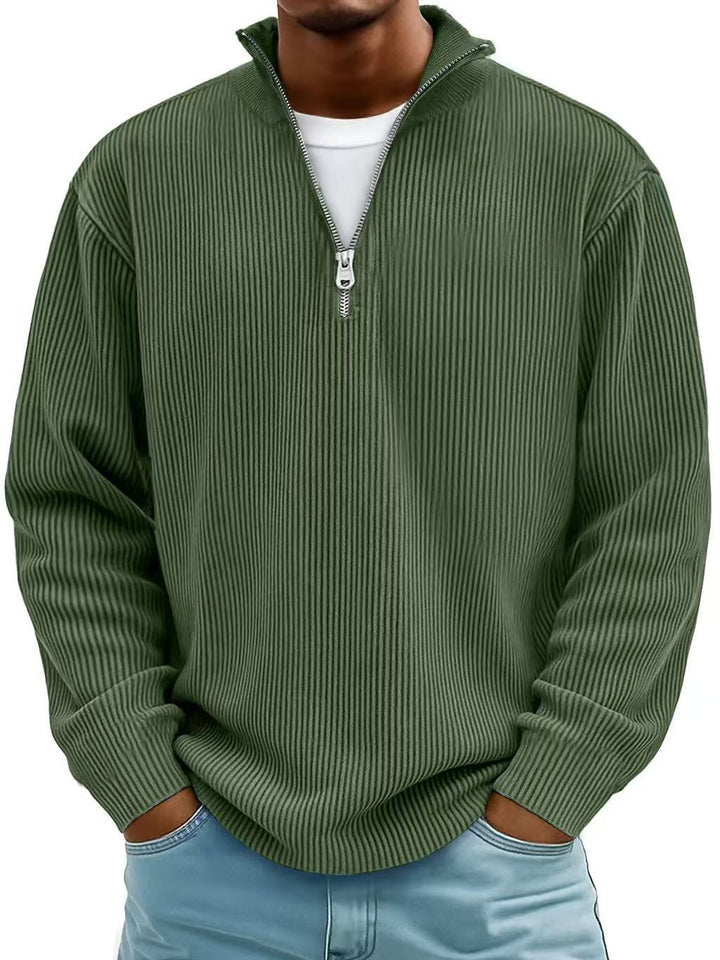 Corduroy Zipper Stand Collar Sweatshirt Fashion Warm Solid Color Long Sleeve Top Men&