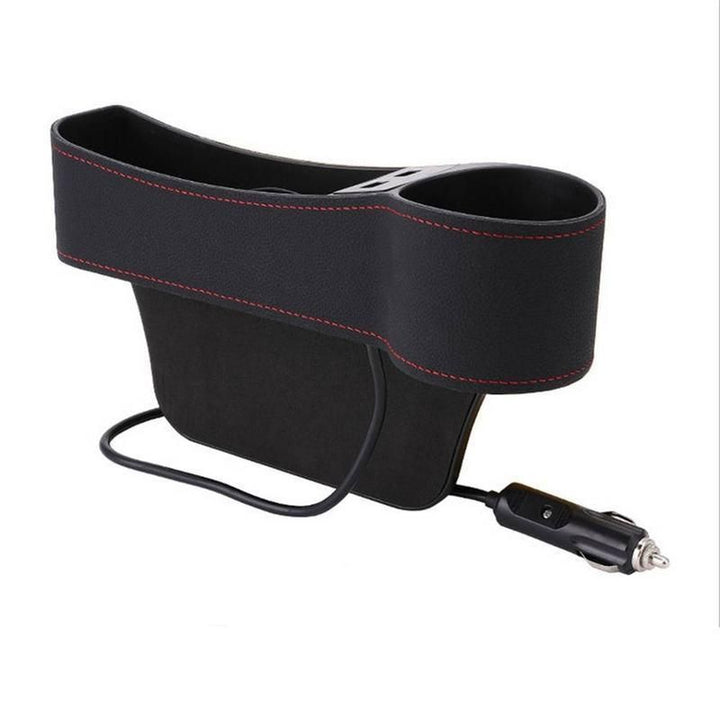 Leather Car Seat Gap Organizer with Dual USB Charging & Cup Holder