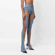 high waist mesh patchwork flare denim pants - MRSLM