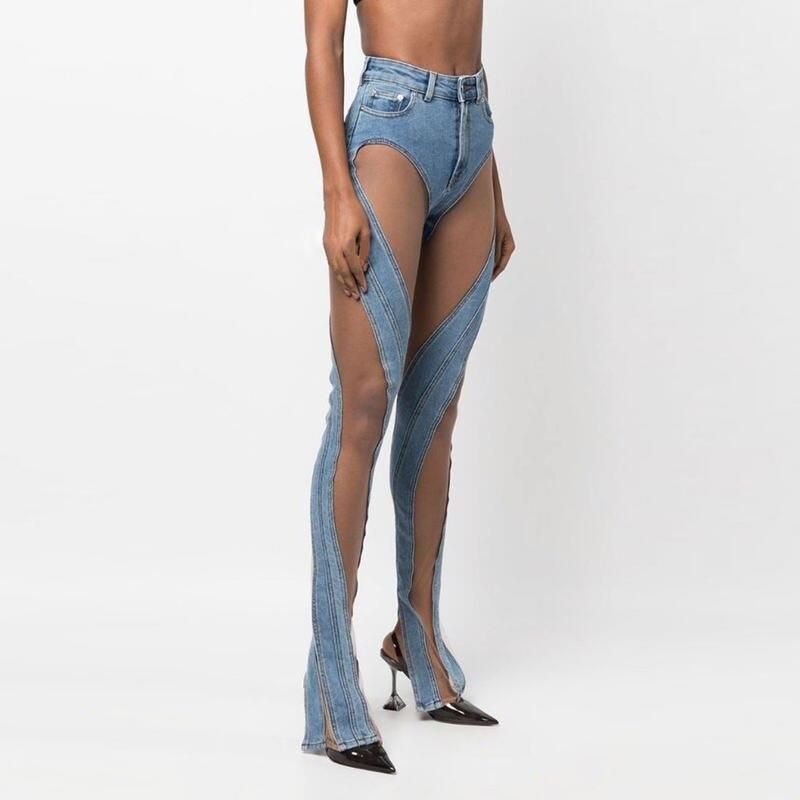high waist mesh patchwork flare denim pants - MRSLM