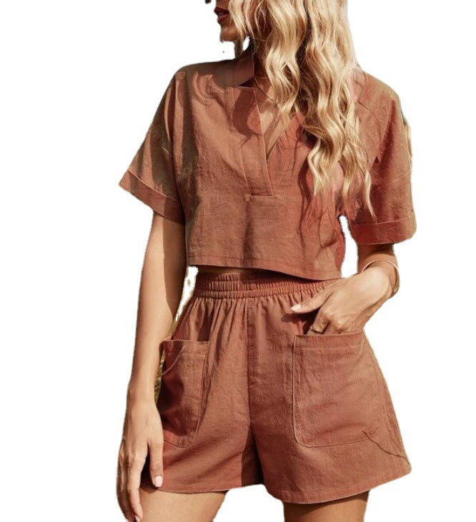 V-neck Solid Color Off-shoulder Top And Patch Pocket Shorts Fashion Casual Set