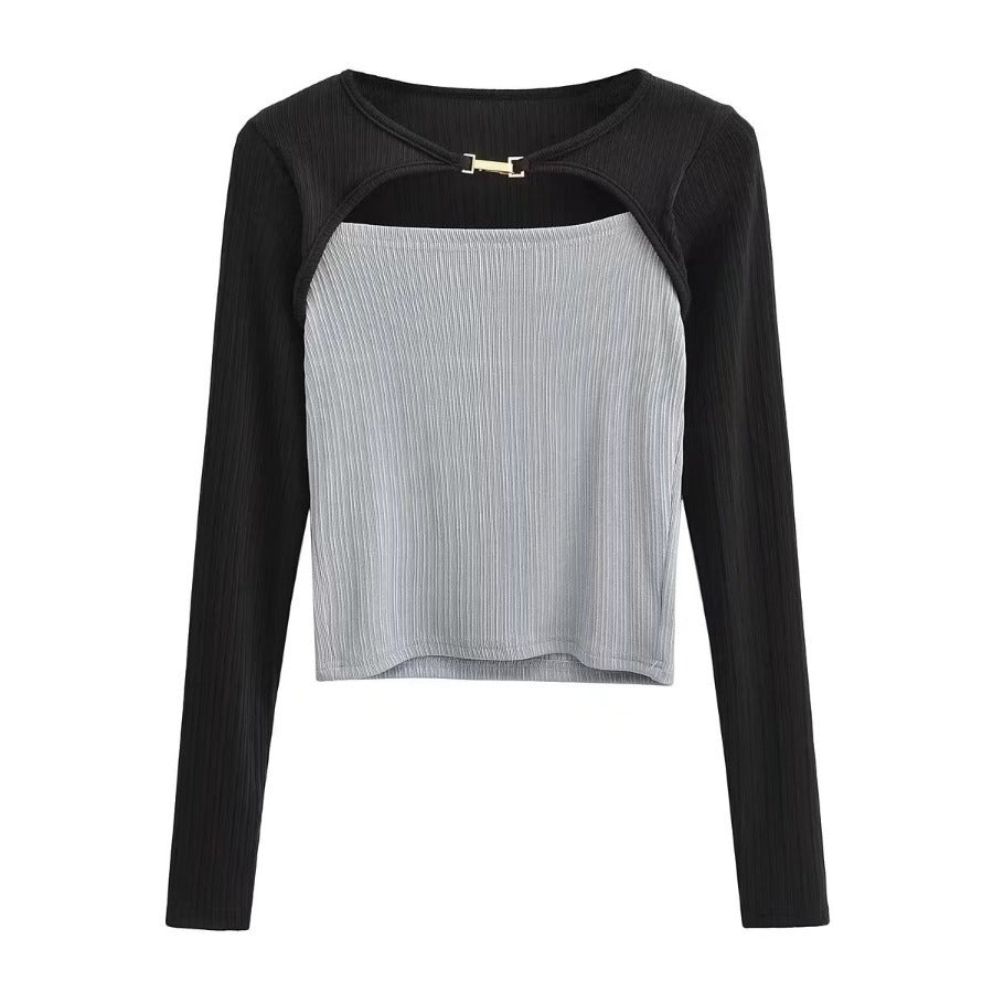 Elastic Tight Thin Hook And Loop Design Long Sleeved Bottoming Shirt For Women