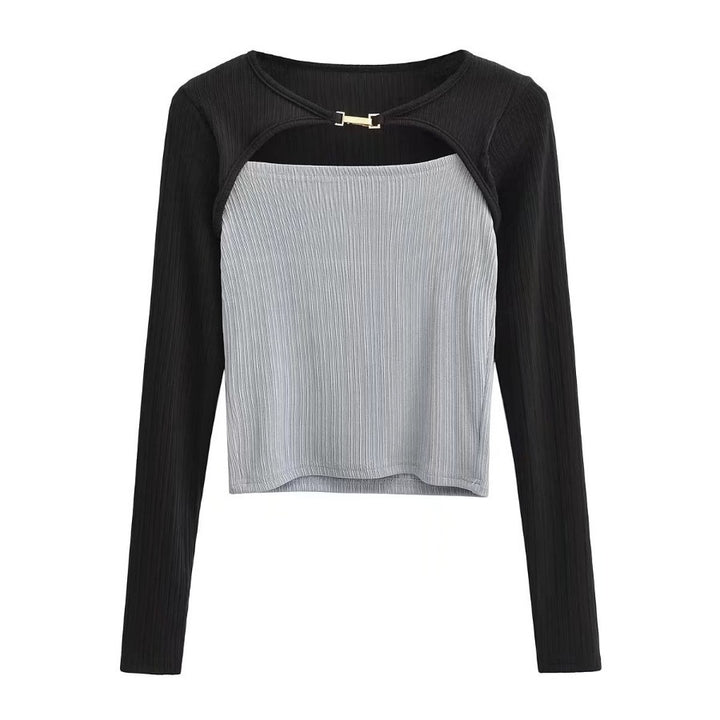 Elastic Tight Thin Hook And Loop Design Long Sleeved Bottoming Shirt For Women