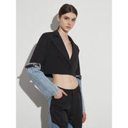colorblock patchwork denim short coat, view 3 - MRSLM