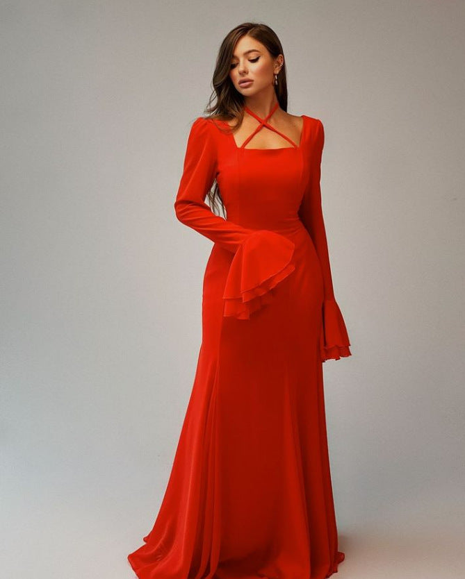 Square collar bell sleeve dress, view 8 - MRSLM